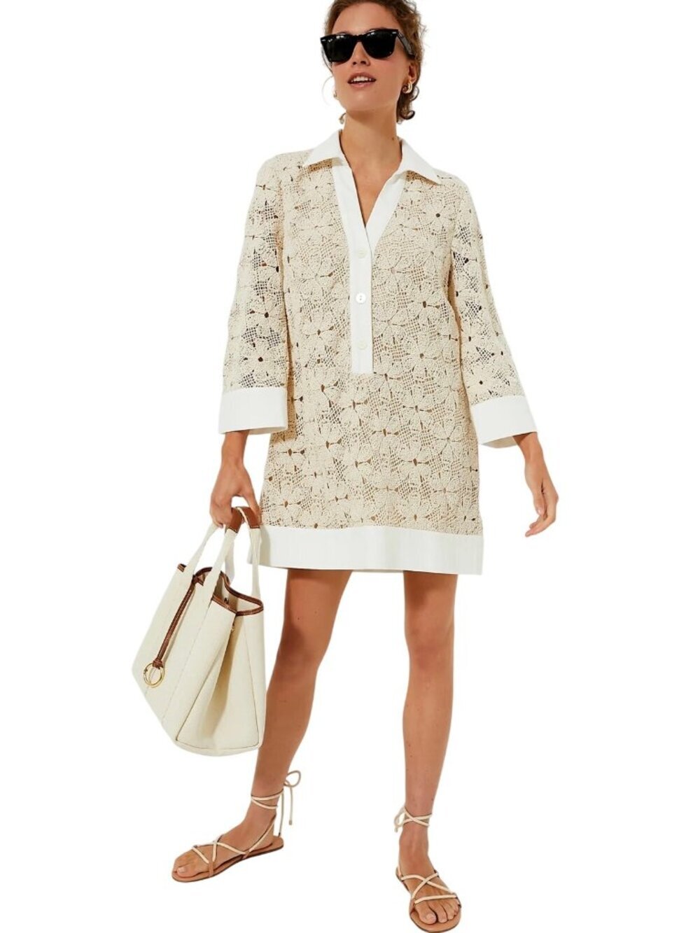 Tuckernuck Tan Crochet White Shift Mini Dress Size XS New